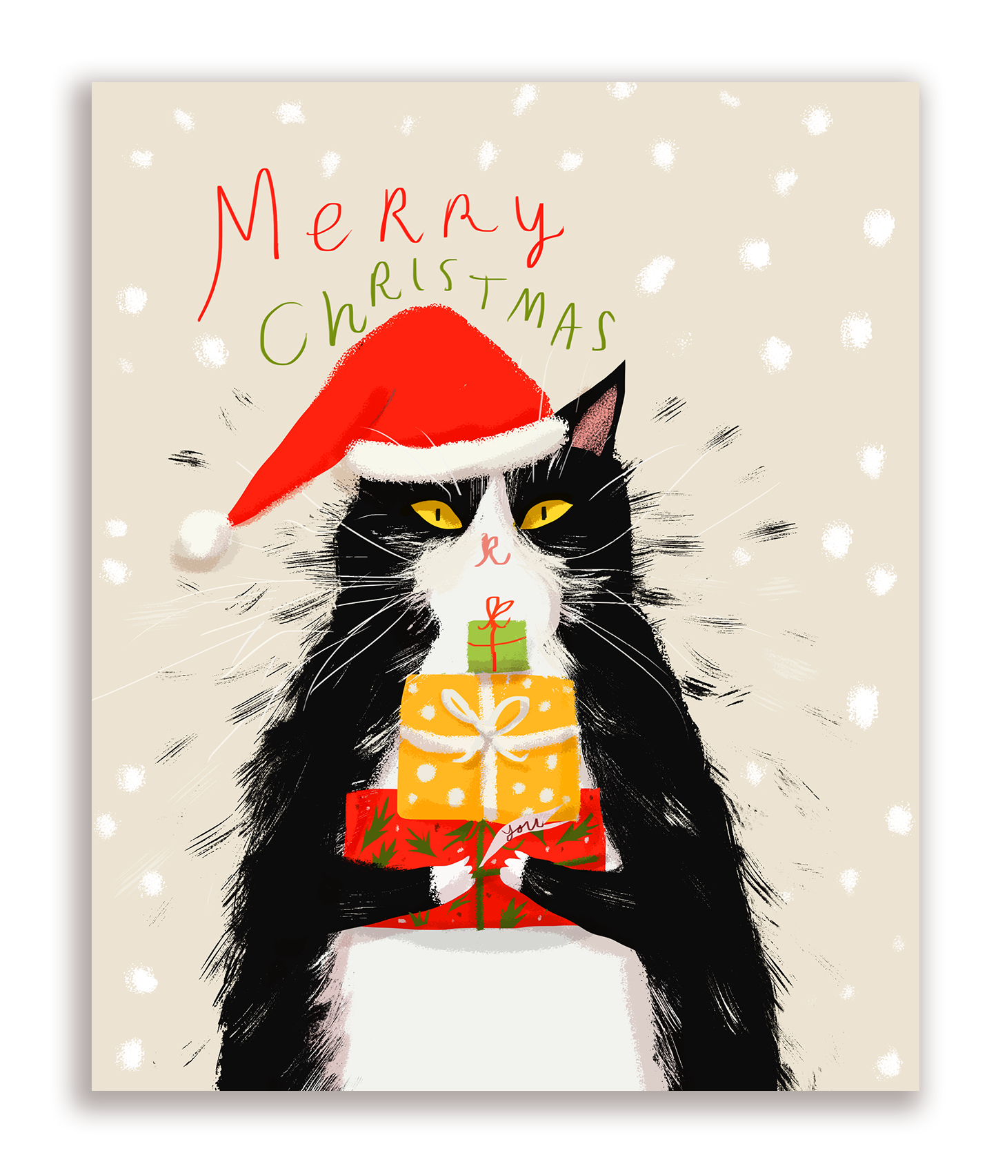 Merry Christmas Tuxedo Cat with Gifts Christmas Card