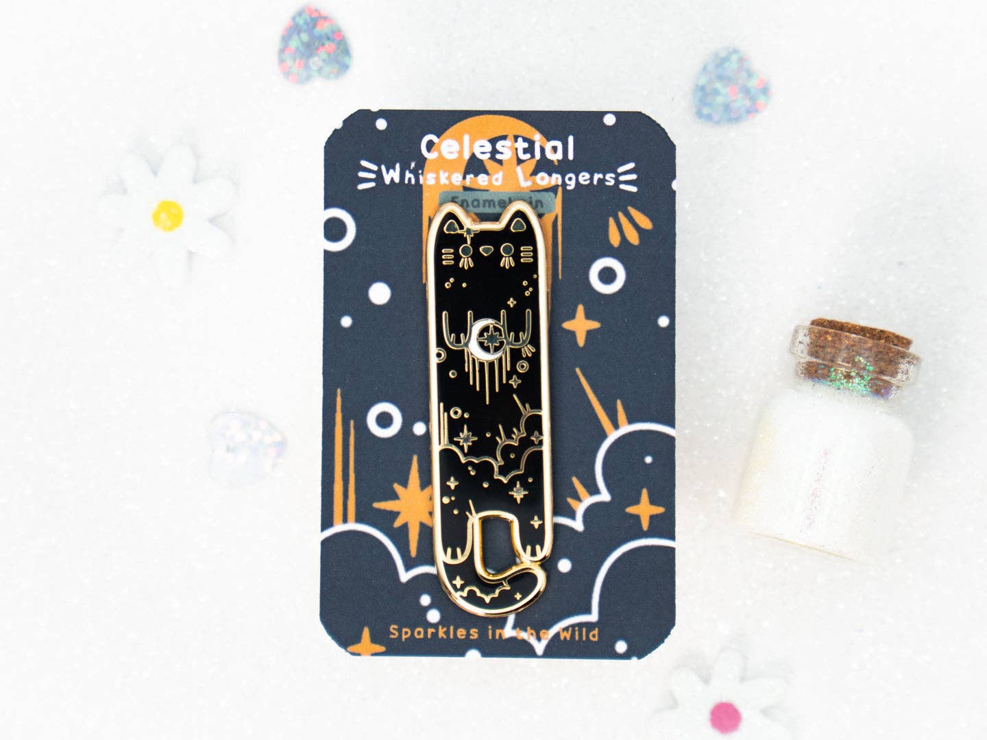 Black Celestial Enamel Long Cat Pin