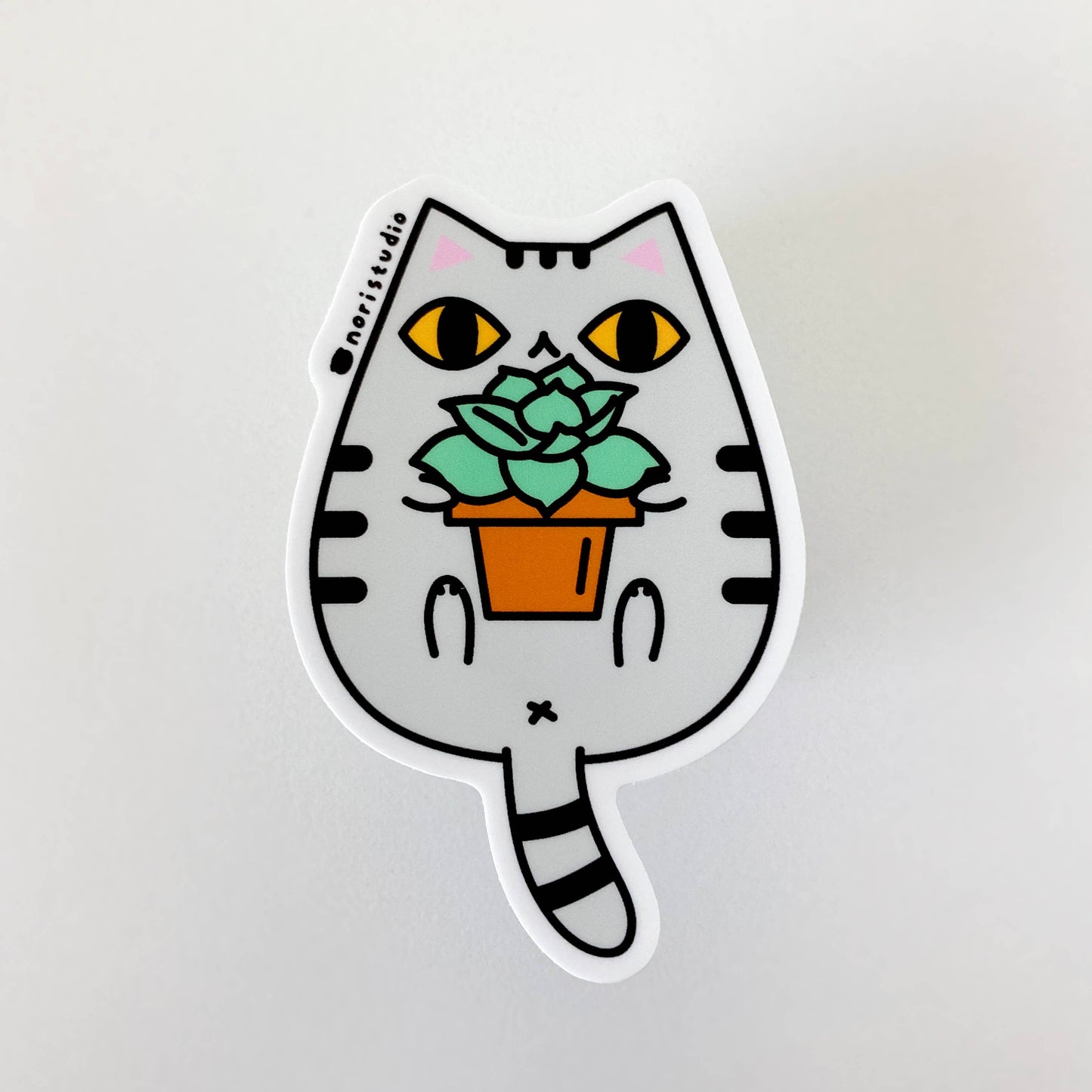 Gray Tabby Cat and Succulent Plant Vinyl Sticker