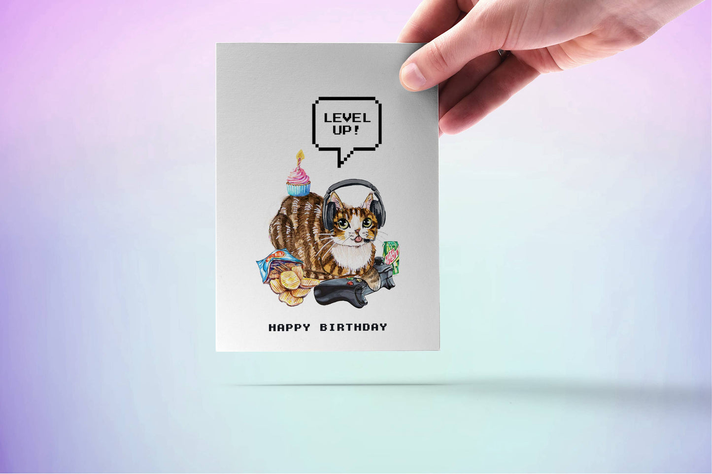 Level Up Gamer Cat Birthday Card