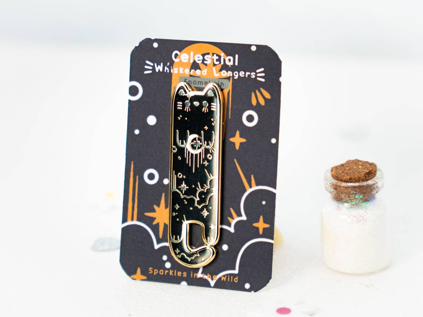 Black Celestial Enamel Long Cat Pin