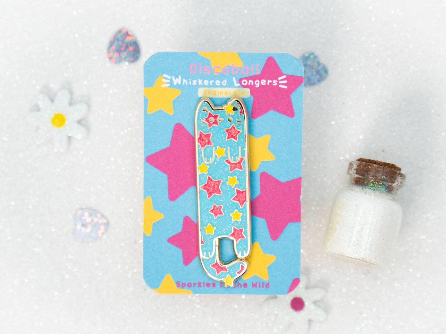 Blue Pink & Yellow Disco Stars Enamel Long Cat Pin
