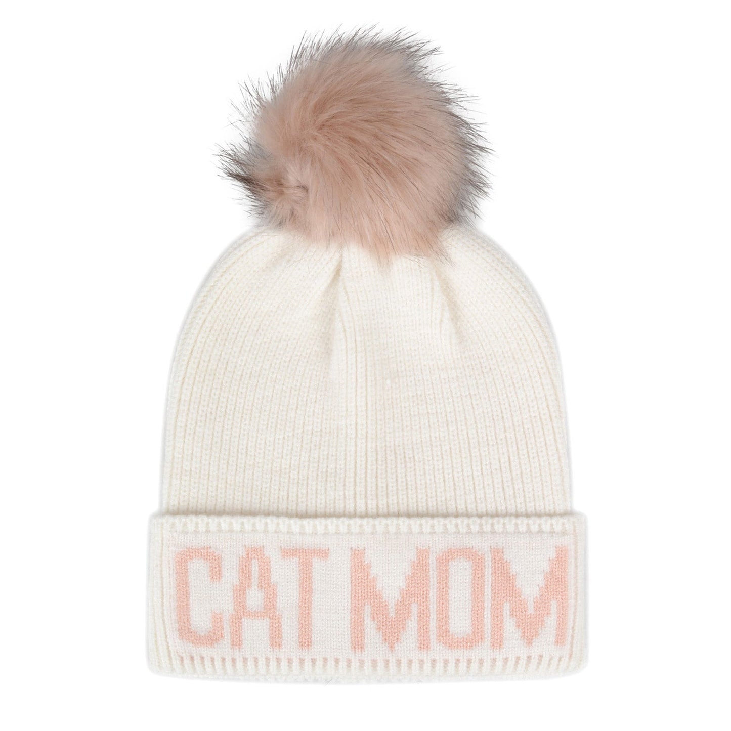 Cat Mom Pompom Knit Beanie Toque - White & Pink