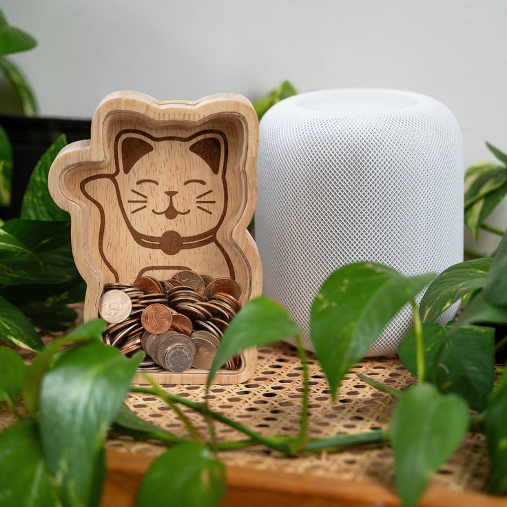 Maneki Neko Lucky Cat Wooden Money Bank