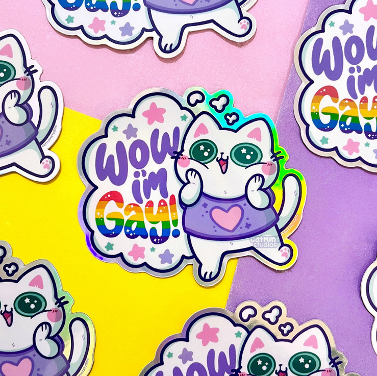 Wow I'm Gay! Cat Holographic Vinyl Sticker