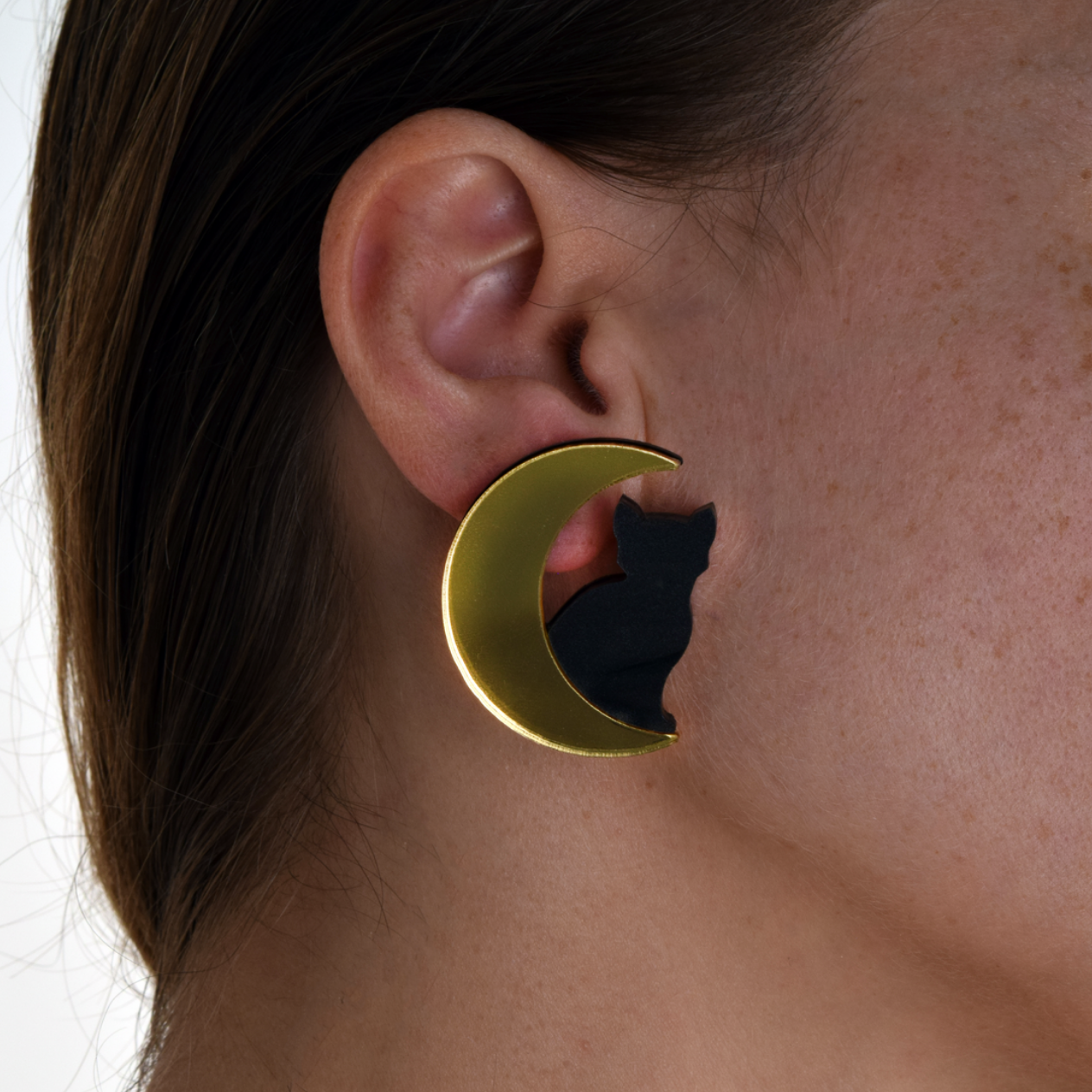 Large Cat in Moon Earrings
