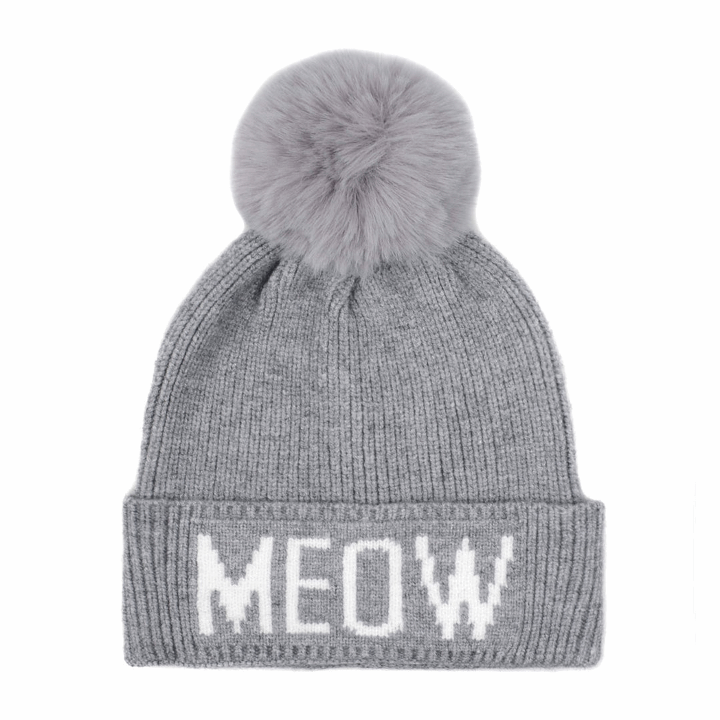 Meow Pompom Knit Beanie Toque - Gray