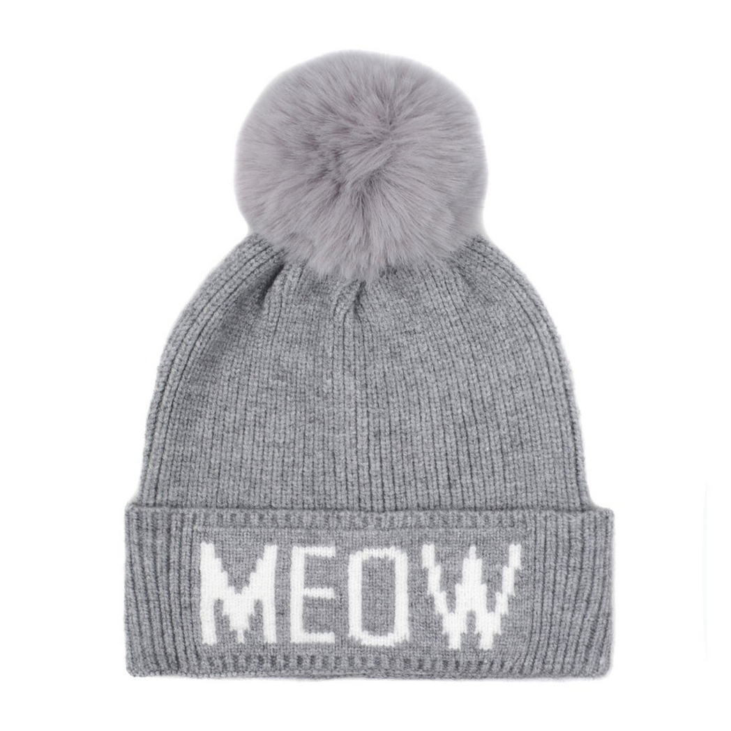 Meow Pompom Knit Beanie Toque - Gray