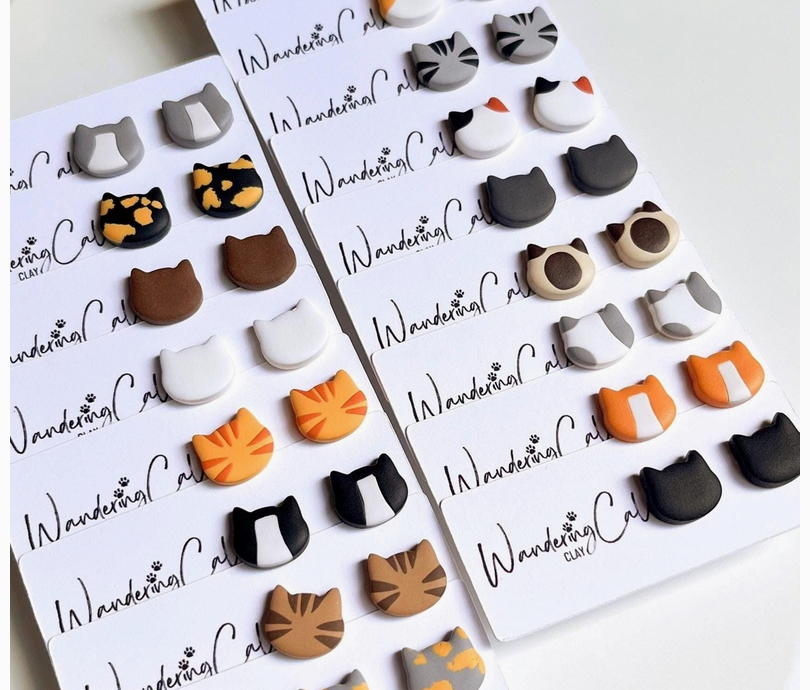 Clay Cat Head Stud Earrings