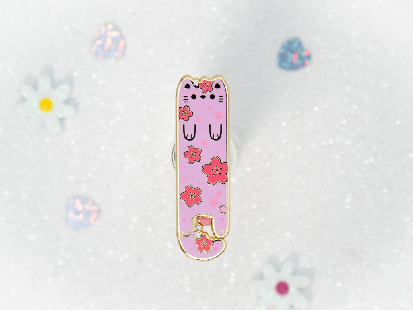 Sakura Cherry Blossom Enamel Long Cat Pin