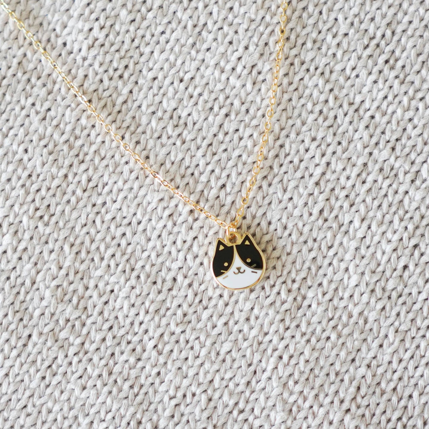 Cat Face Necklace - Black & White Tuxedo Kitty