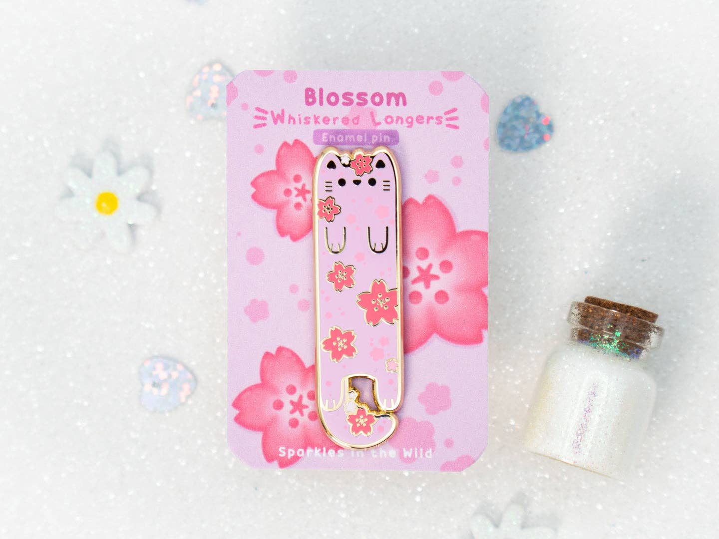 Sakura Cherry Blossom Enamel Long Cat Pin