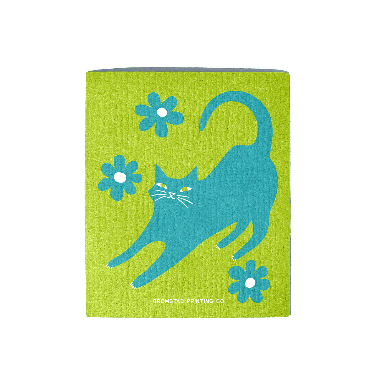 Teal Stretch Cat on Lime Green Swedish Dishcloth