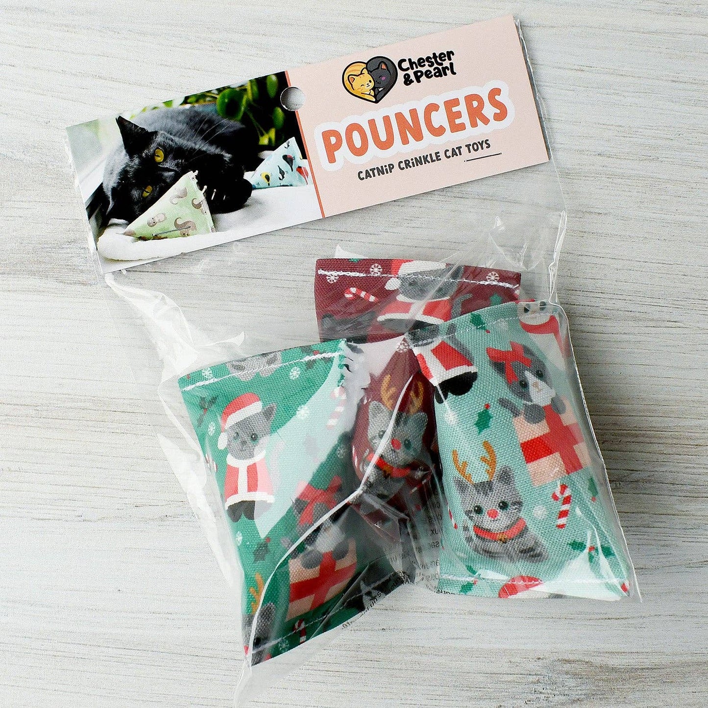 Chester and Pearl - Catnip Crinkle Pouncers Cat Toys (3pk, Christmas)