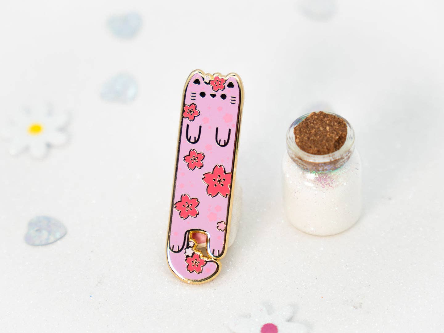Sakura Cherry Blossom Enamel Long Cat Pin