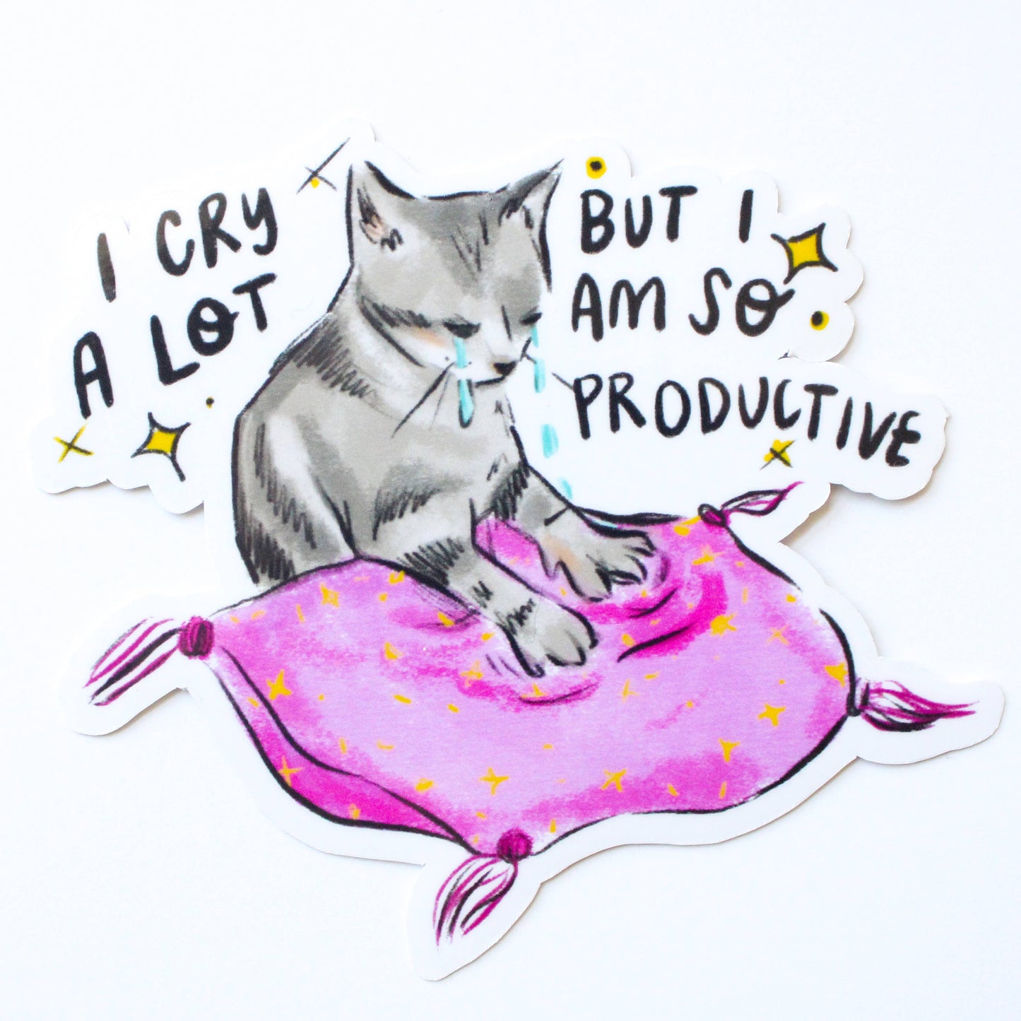 I Cry A Lot But I Am So Productive Cat Vinyl Sticker
