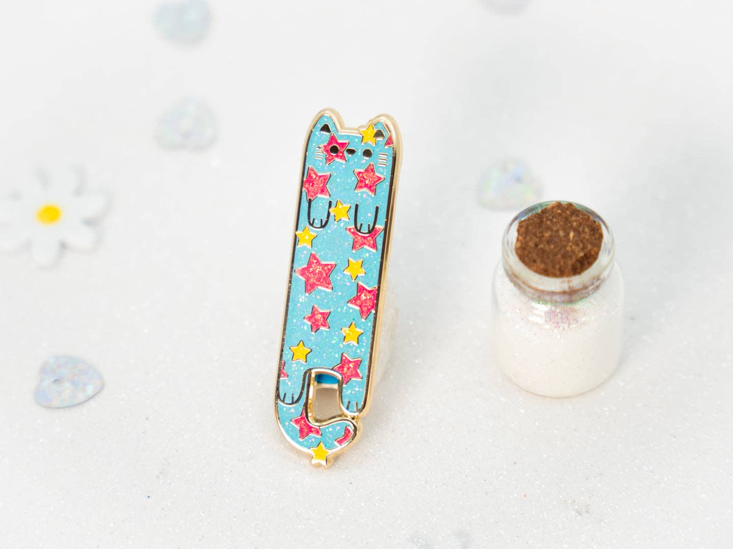 Blue Pink & Yellow Disco Stars Enamel Long Cat Pin