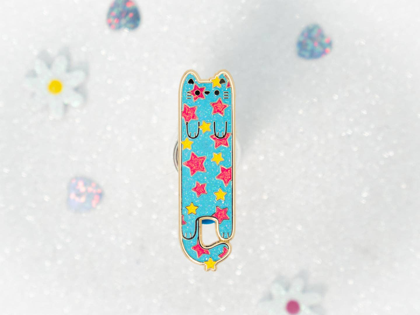 Blue Pink & Yellow Disco Stars Enamel Long Cat Pin