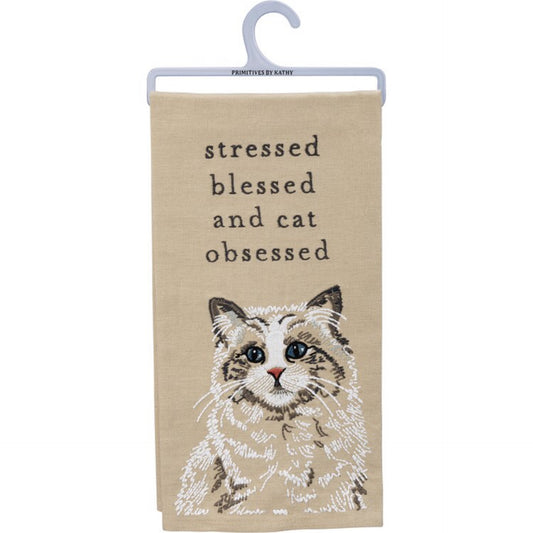 Stressed Blessed and Cat Obsessed Embroidered Dish Towel