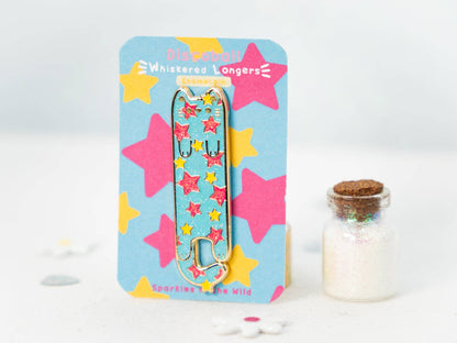 Blue Pink & Yellow Disco Stars Enamel Long Cat Pin