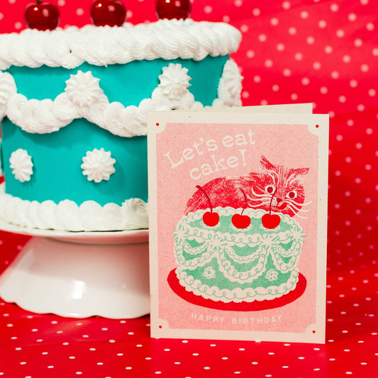 Let's Eat Cake Cat Risograph Birthday Card