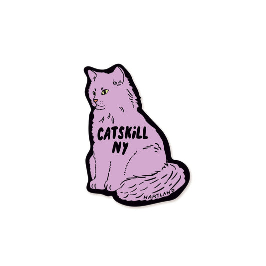 Purple cat-shaped sticker with 'Catskill NY' text on a white background