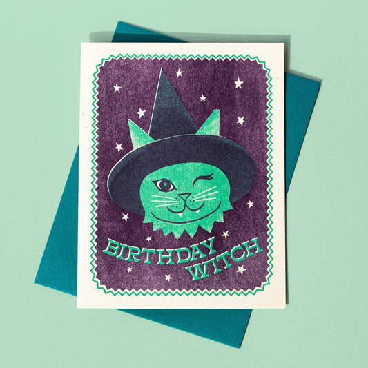 Birthday Witch Cat Risograph Birthday Card