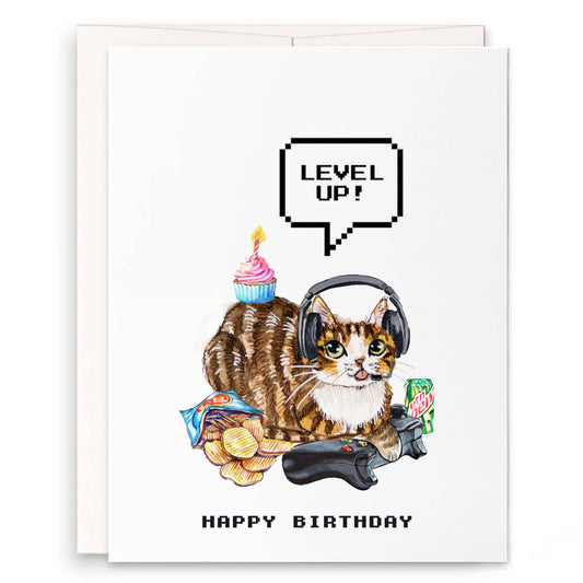 Level Up Gamer Cat Birthday Card