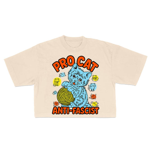 Pro Cat Anti Fascist Ivory Crop Top (Ivory, One Size)