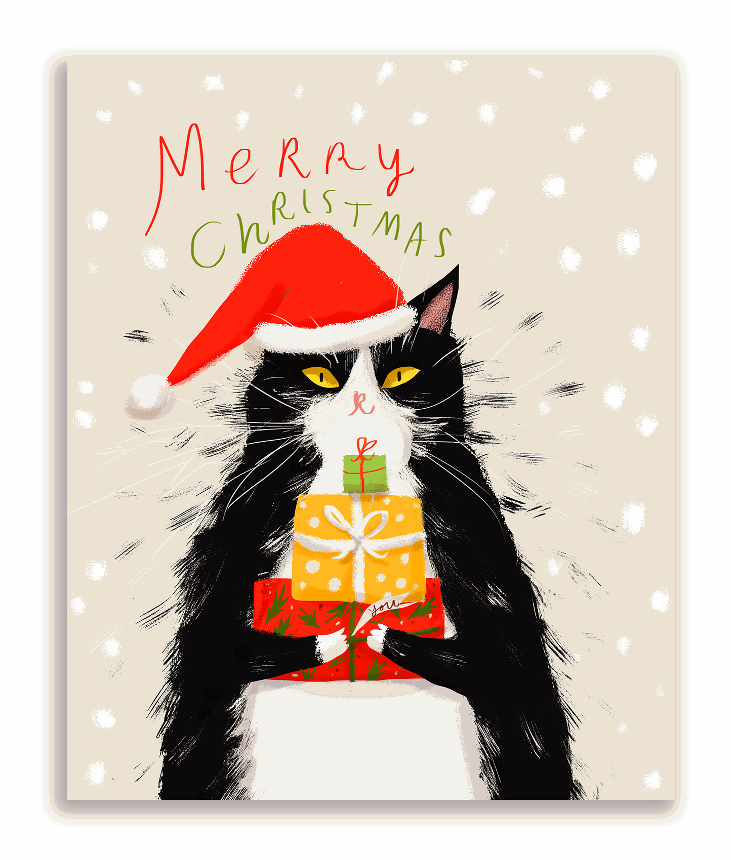 Merry Christmas Tuxedo Cat with Gifts Christmas Card