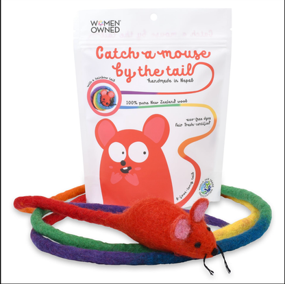 Wool Mouse Cat Toy with 6-Foot Tail (Rainbow)