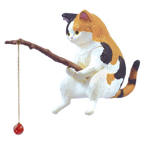 cat with fishing pole Lifelike Grey Tabby Sitting by Pail of Fishes And Fig Ebros Gift interactive toy for you to play with with your cat Fishing Cat Figurine Vol. 1
