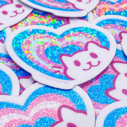 Trans Pride Cat Heart Glitter Sticker