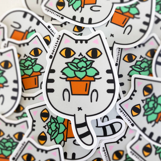 Gray Tabby Cat and Succulent Plant Vinyl Sticker