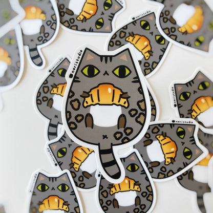 Charcoal Bengal Cat with Croissant Vinyl Sticker