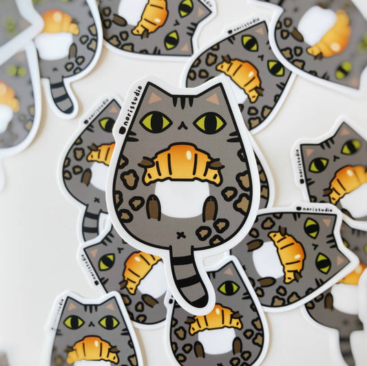 Charcoal Bengal Cat with Croissant Vinyl Sticker