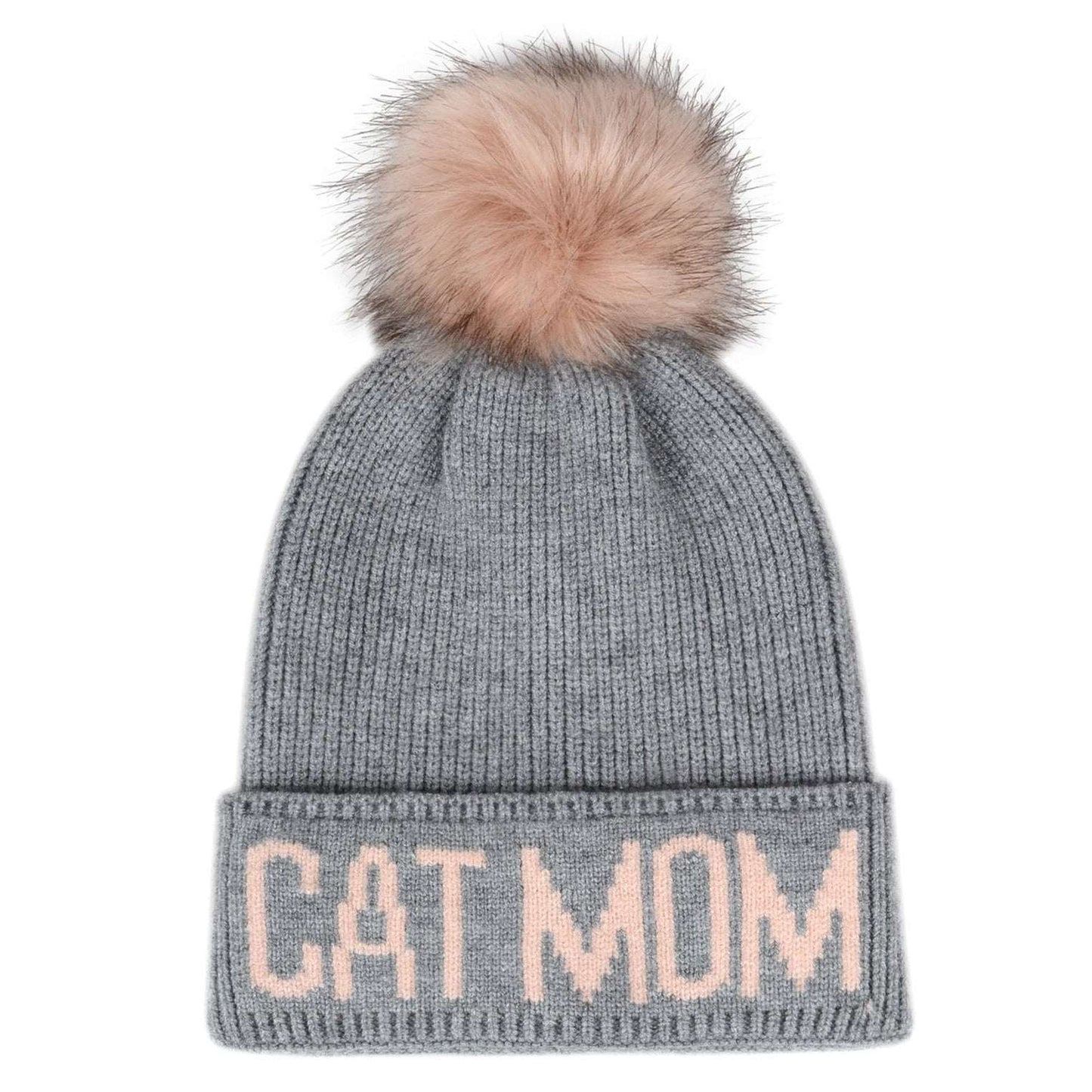 Cat Mom Pompom Knit Beanie Toque - Gray & Pink