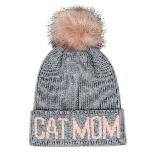 Cat Mom Pompom Knit Beanie Toque - Gray & Pink