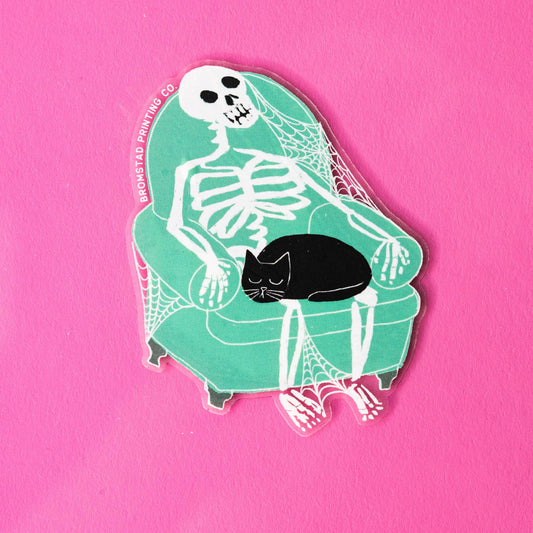 Skeleton with Cat on Lap Clear Sticker