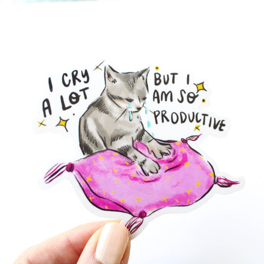 I Cry A Lot But I Am So Productive Cat Vinyl Sticker