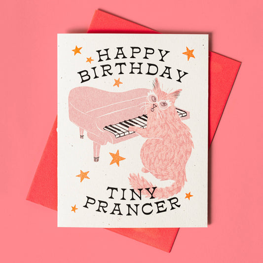 Happy Birthday Tiny Prancer Piano Cat Risograph Birthday Card