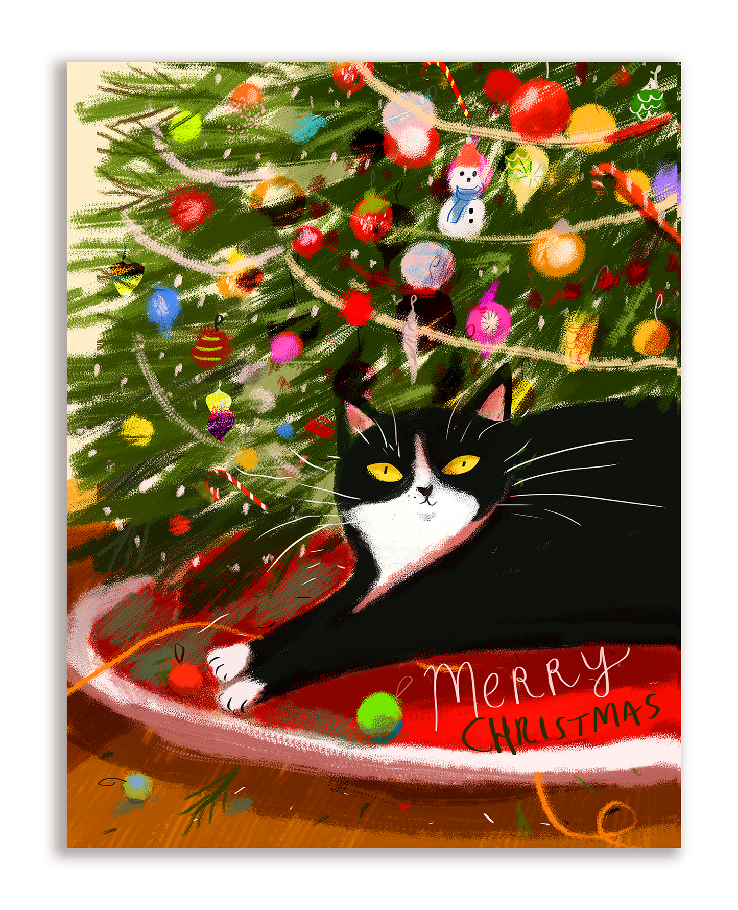 Merry Christmas Tuxedo Cat Under the Tree Christmas Card