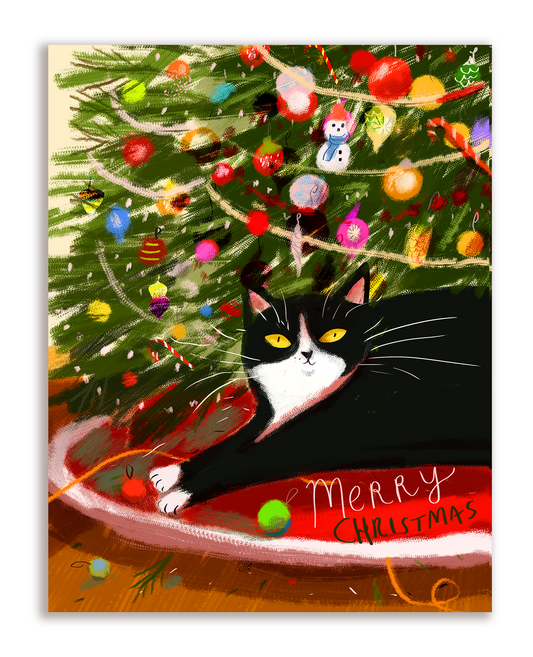 Merry Christmas Tuxedo Cat Under the Tree Christmas Card