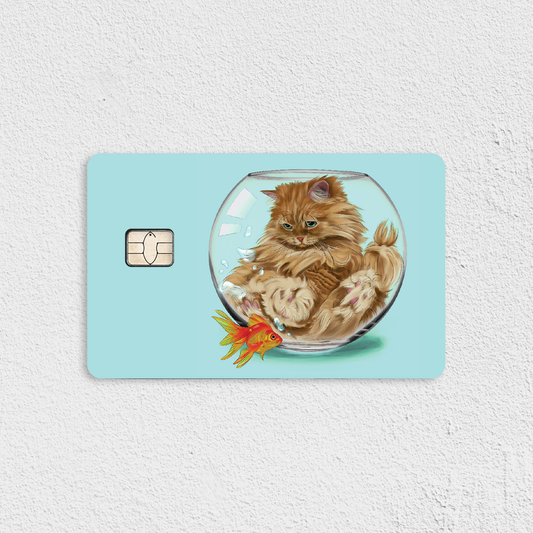 Orange Cat in Fishbowl on Blue Credit Card Skin