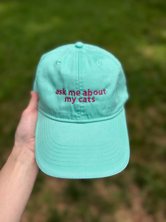 Ask Me About My Cats Teal Embroidered Baseball Hat