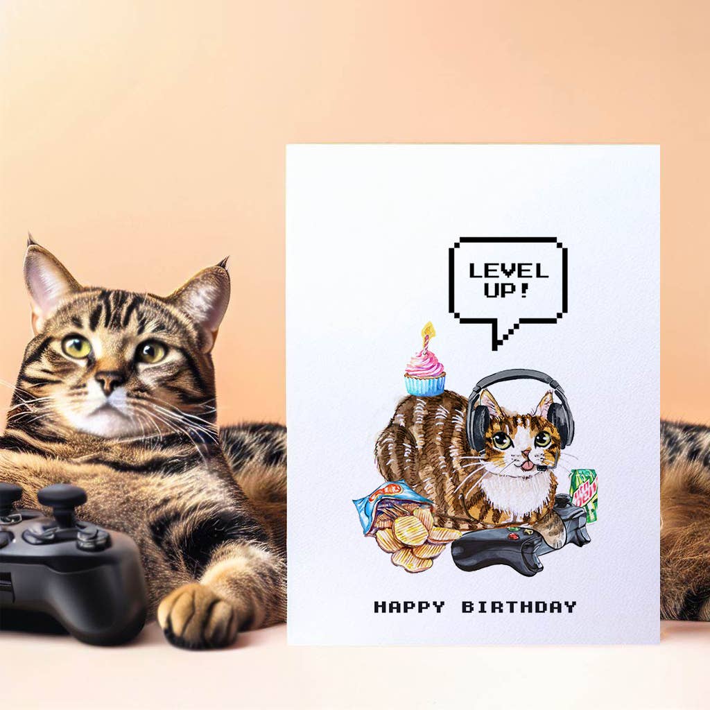 Level Up Gamer Cat Birthday Card