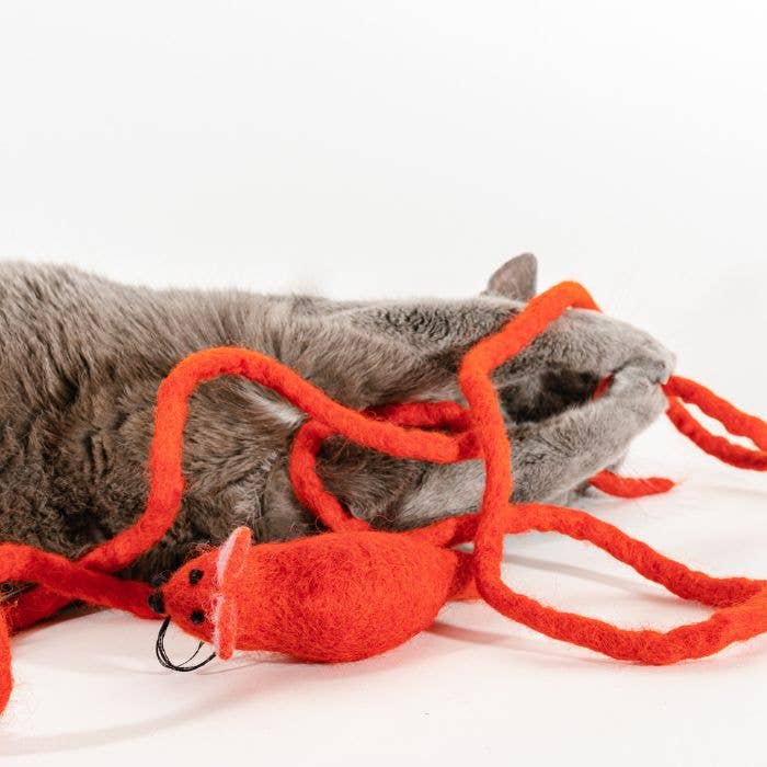 Wool Mouse Cat Toy with 6-Foot Tail (Red)
