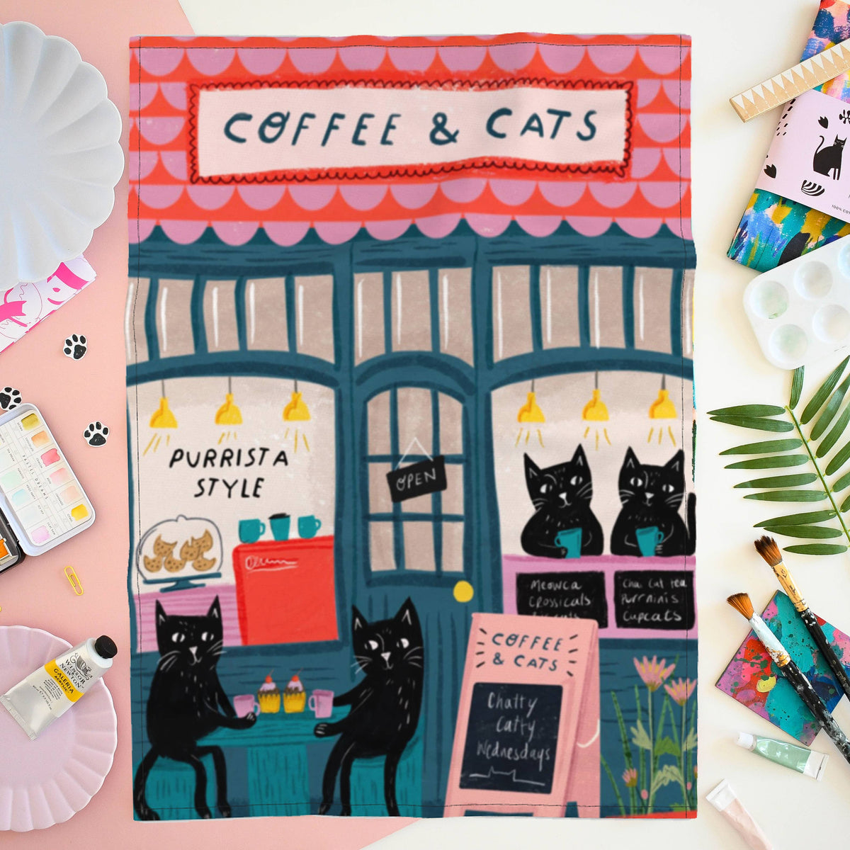Coffee and Cats Tea Towel