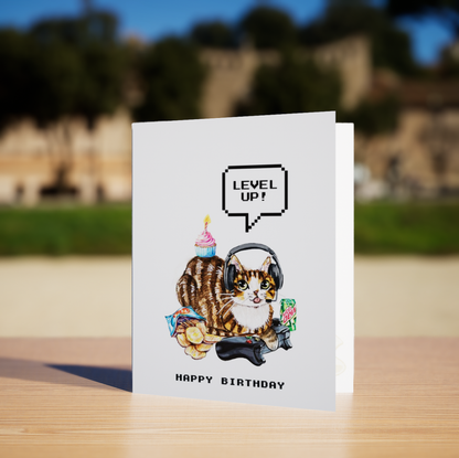 Level Up Gamer Cat Birthday Card