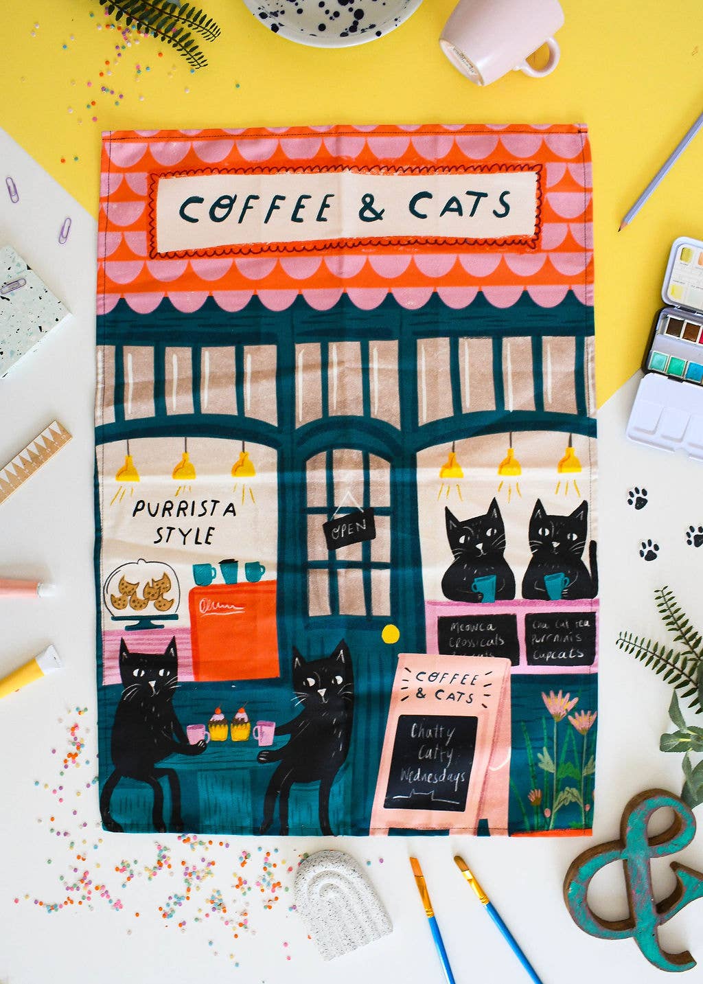 Coffee and Cats Tea Towel